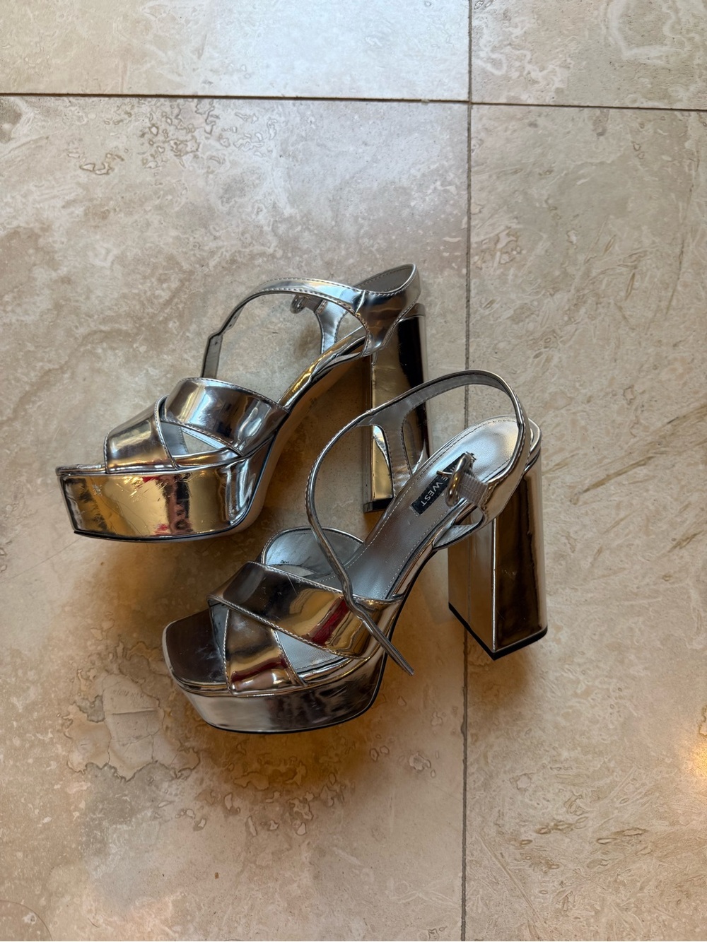 Nine West Silver Metallic Platform Block Heel Sandals